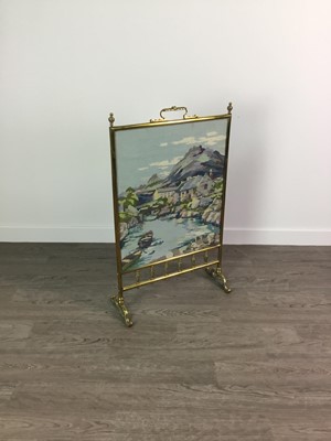 Lot 338 - A BRASS FIRESCREEN WITH INSET NEEDLEWORK PANEL