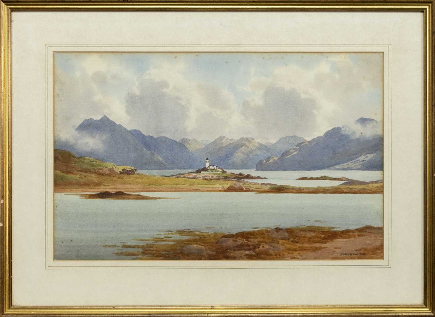 Lot 15 - SEA LOCH WITH LIGHTHOUSE, A WATERCOLOUR BY GEORGE DRUMMOND FISH