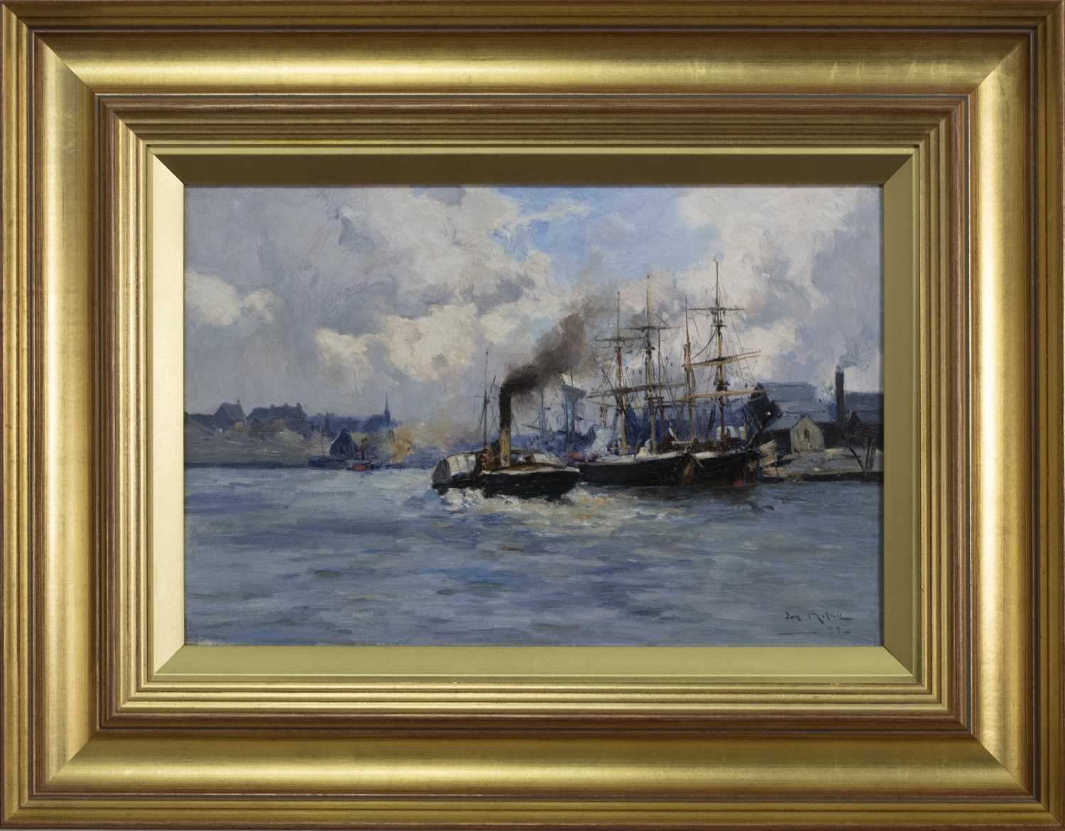 Lot 2045 - STEAM AND SAIL AT A SCOTTISH QUAYSIDE, AN OIL BY JOE MILNE
