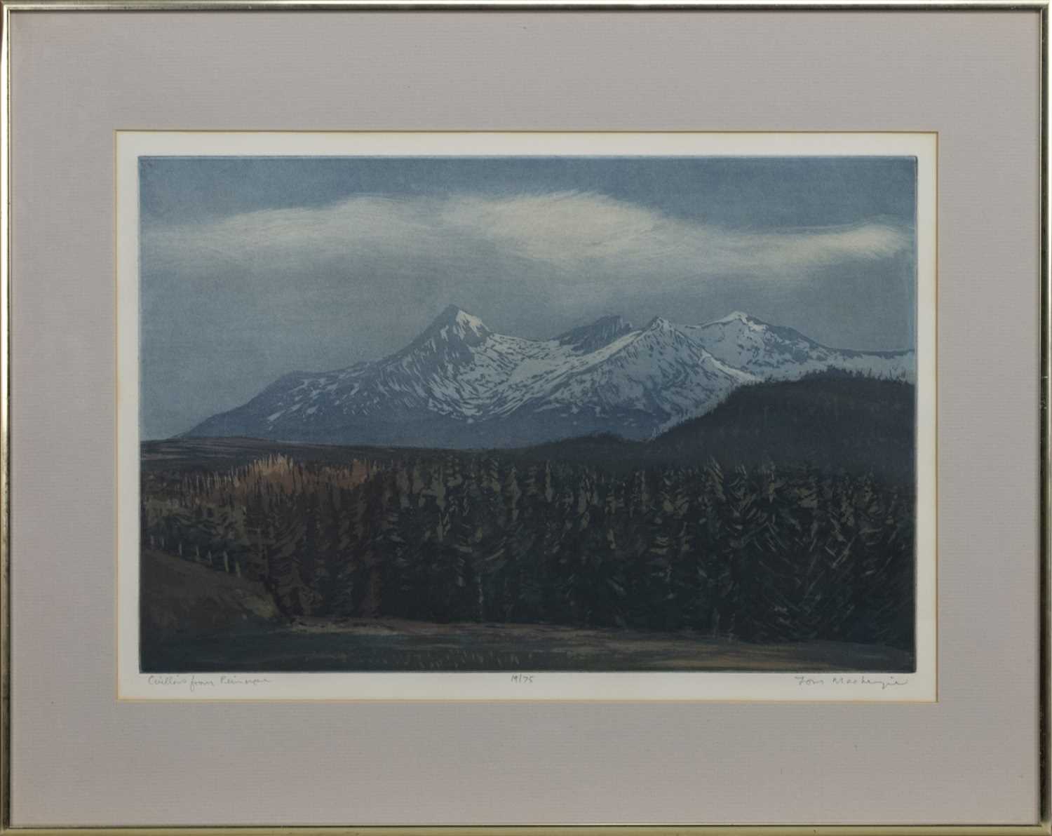 Lot 588 - CUILLINS FROM PEINMORE, A COLOURED ETCHING BY TOM MACKENZIE