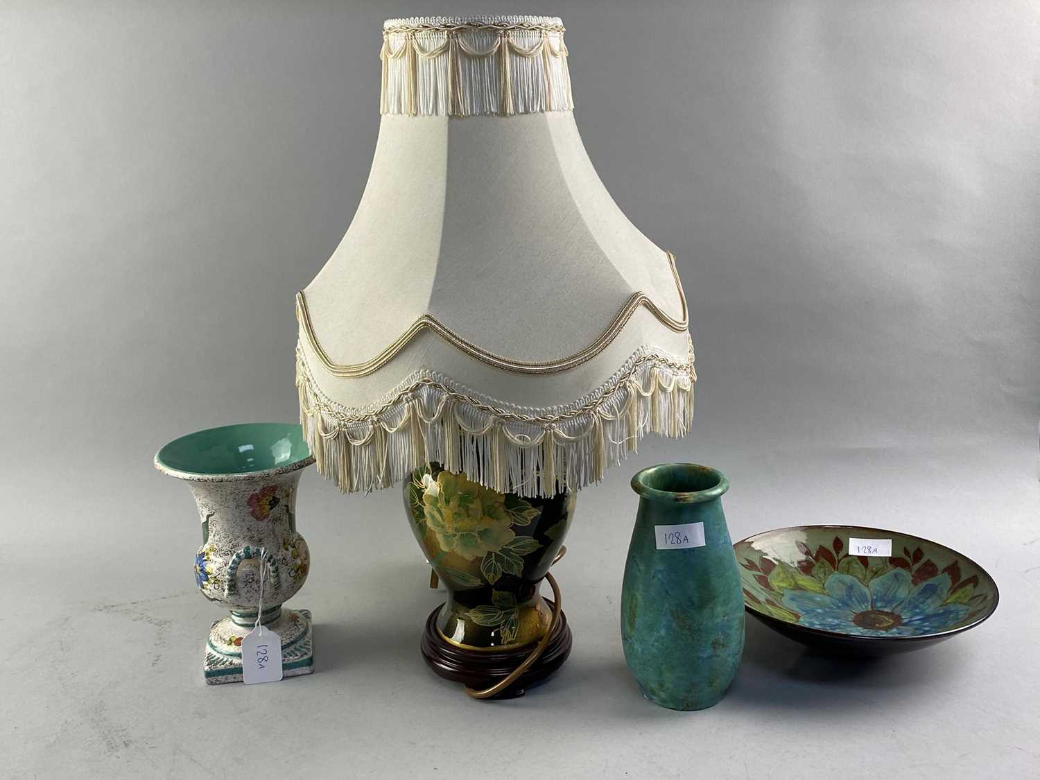 Lot 128 - A MODERN VASE LAMP, TWO HAND PAINTED VASES AND A CIRCULAR DISH
