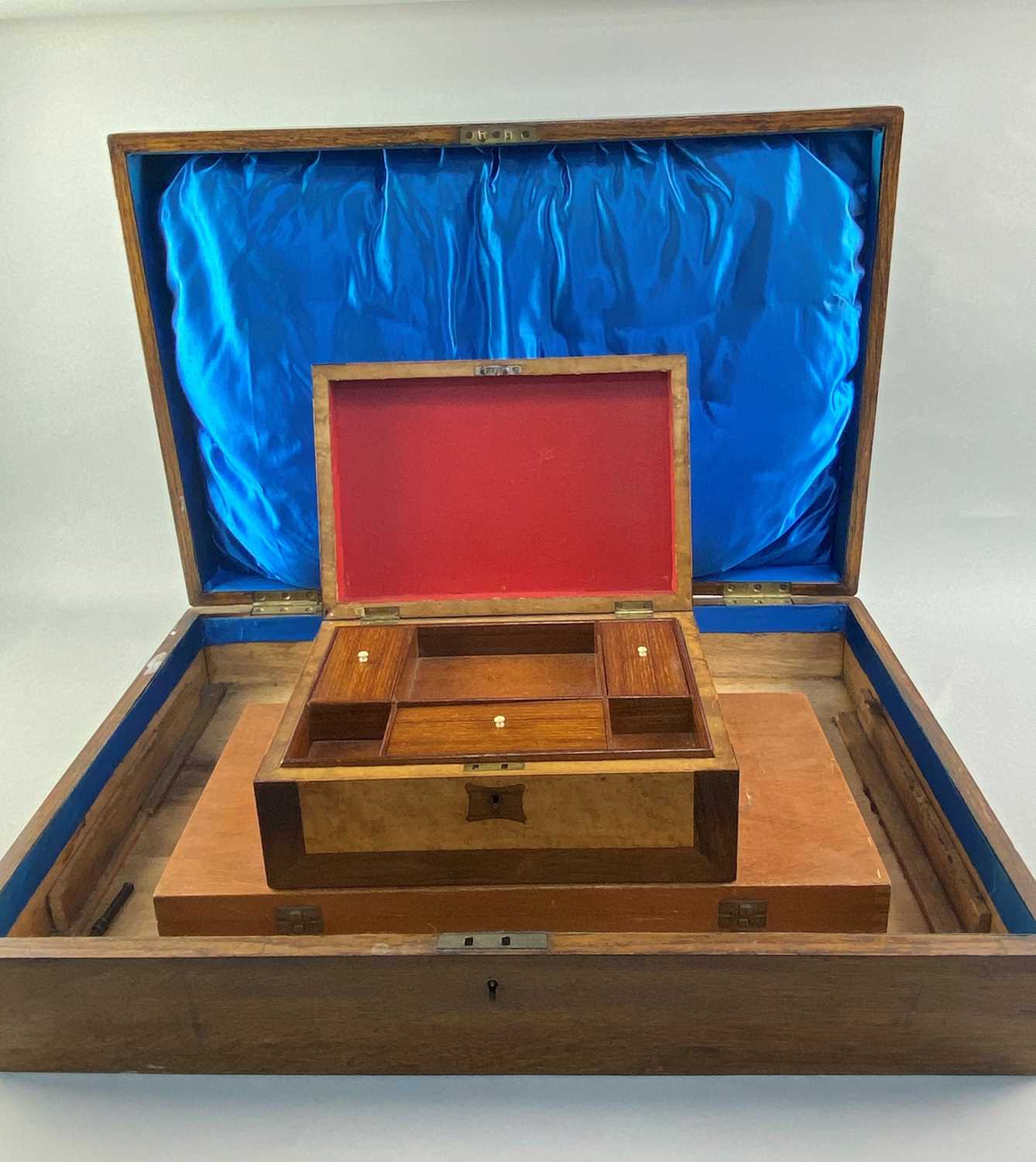 Lot 455 - A VICTORIAN OAK CHEST, A SEWING BOX AND A MAHJONG SET