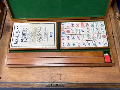 Lot 455 - A VICTORIAN OAK CHEST, A SEWING BOX AND A MAHJONG SET