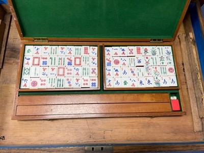 Lot 455 - A VICTORIAN OAK CHEST, A SEWING BOX AND A MAHJONG SET