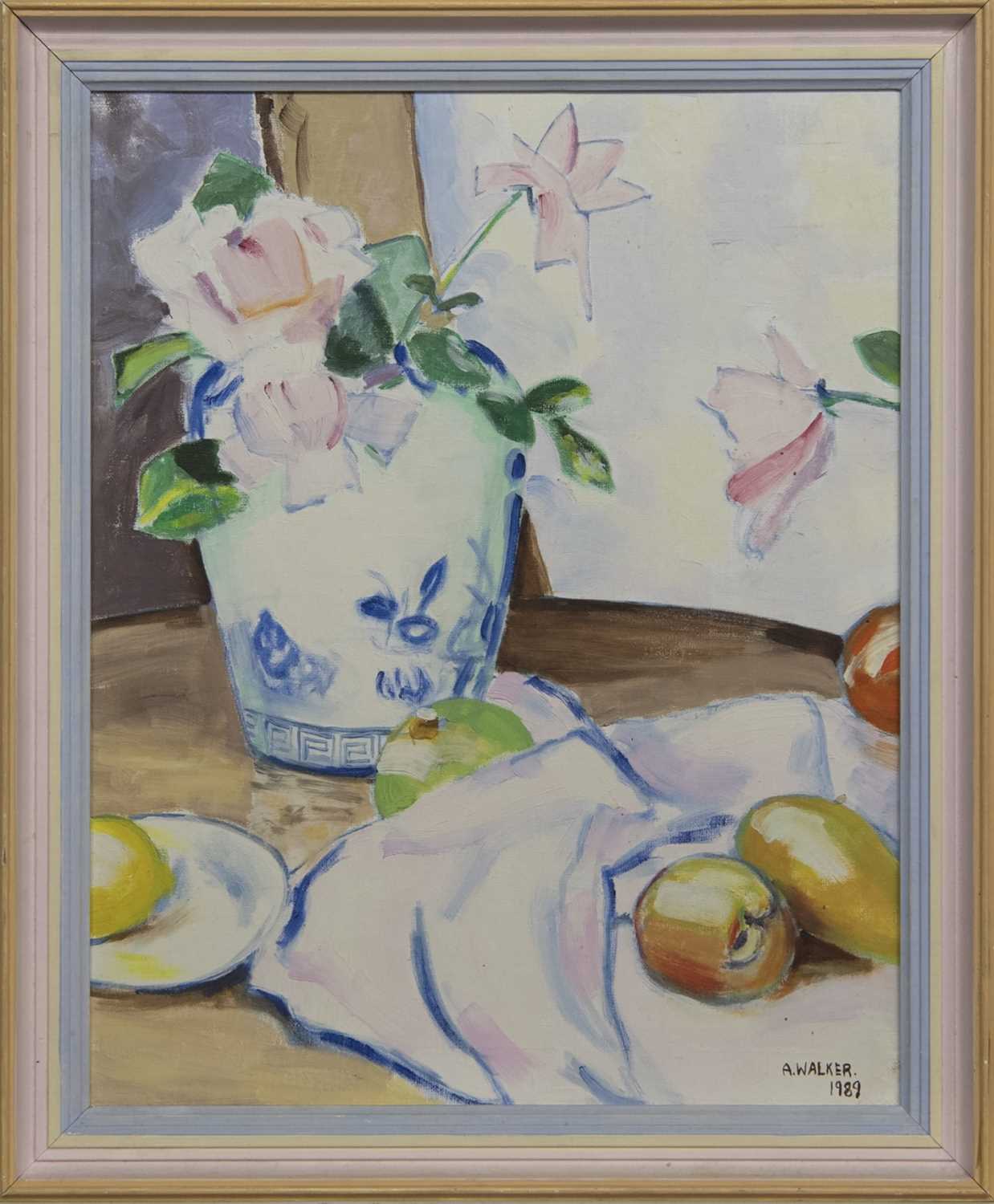 Lot 576 - STILL LIFE WITH BLUE AND WHITE VASE, AN OIL BY ANDREW WALKER