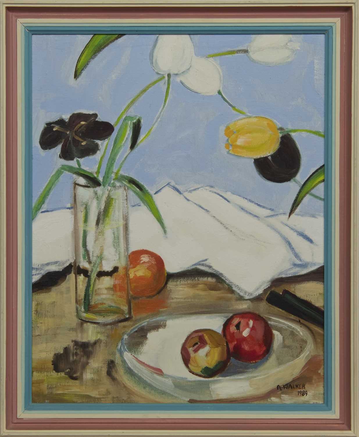 Lot 577 - STILL LIFE WITH APPLES, AN OIL BY ANDREW WALKER