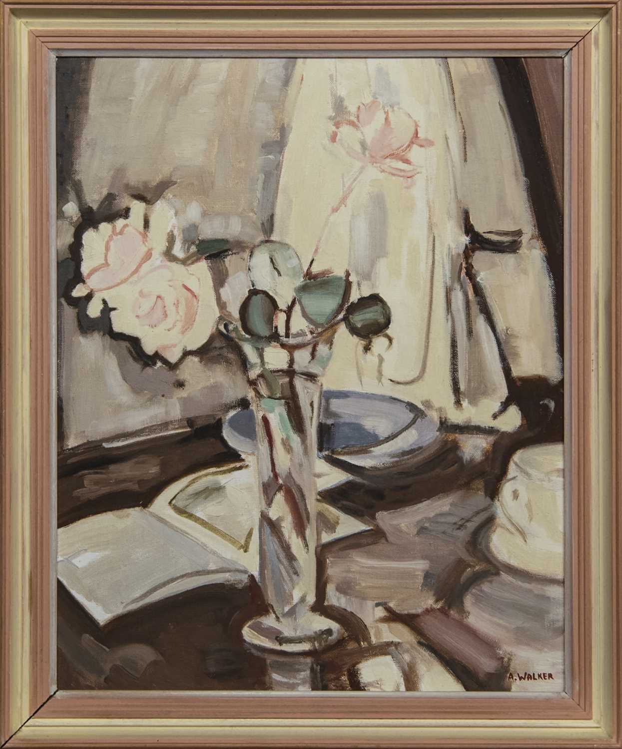 Lot 579 - STILL LIFE WITH A BOOK, AN OIL BY ANDREW WALKER