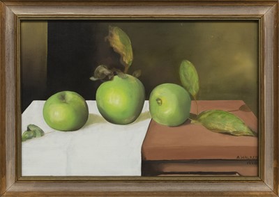 Lot 580 - STILL LIFE OF GREEN APPLES, AN OIL BY ANDREW WALKER