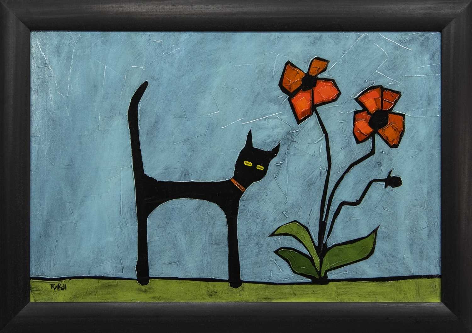Lot 589 - CAT AND FLOWER, AN OIL BY COLIN RUFFELL