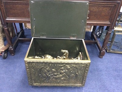 Lot 166 - AN EMBOSSED BRASS LOG BOX AND OTHER BRASSWARE