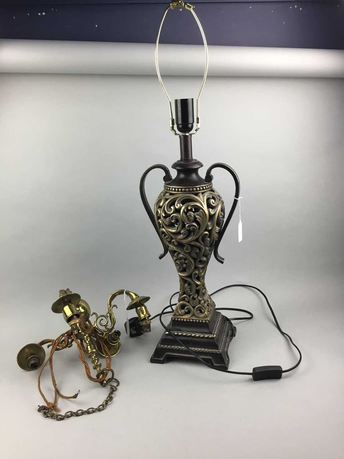 Lot 188 - A SMALL DUTCH STYLE BRASS CEILING LIGHT AND A TABLE LAMP