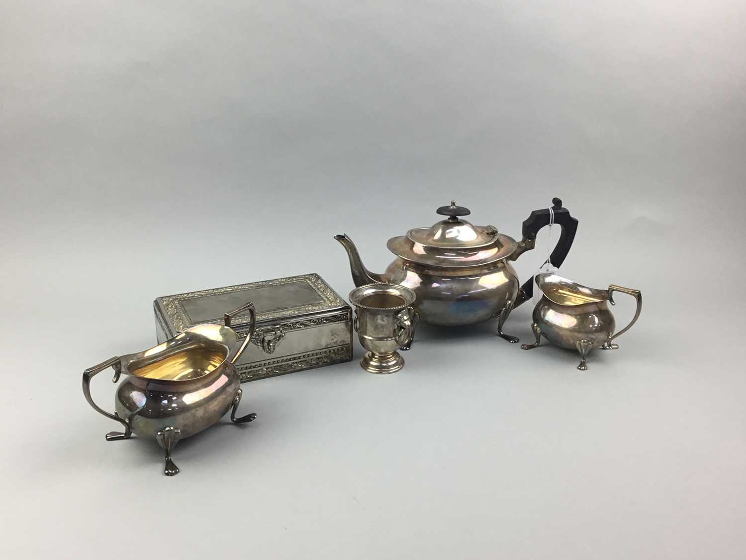 Lot 6 - A SILVER PLATED THREE PIECE TEA SERVICE AND OTHER ITEMS