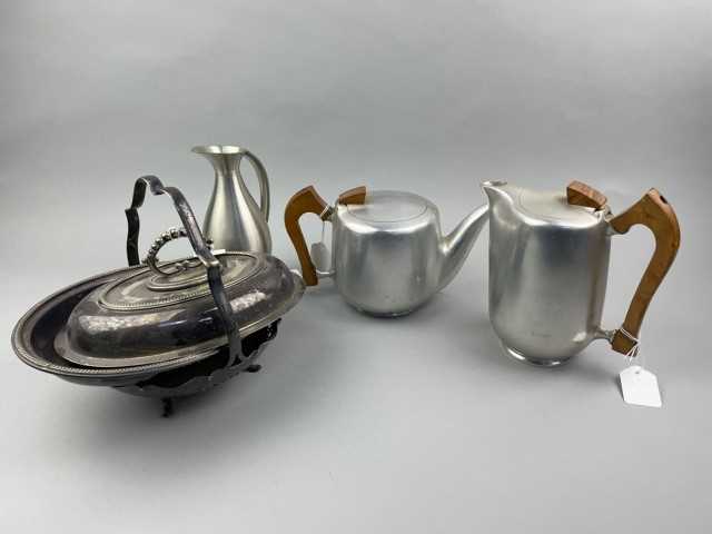 Lot 32 - A PICQUOT WARE TEAPOT AND COFFEE POT, ALONG WITH OTHER SILVER PLATE ITEMS