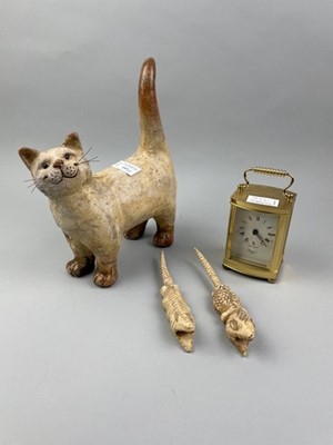 Lot 193 - A POTTERY FIGURE OF A CAT, GLASSWARE AND OTHERS