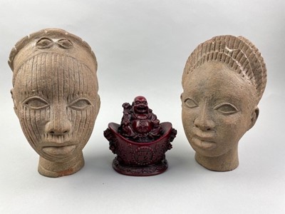 Lot 190 - A PAIR OF POTTERY TRIBAL HEAD SCULPTURES AND OTHER OBJECTS