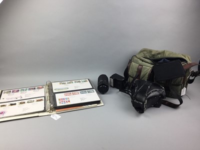 Lot 192 - A CANON A-1 CAMERA, CANON FLASH AND A MIRANDA LENS IN CARRY BAG AND FIRST DAY COVERS