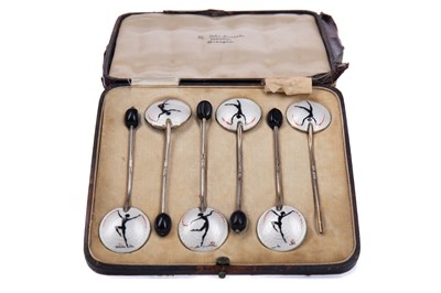 Lot 477 - A SET OF SIX GEORGE V SILVER AND ENAMEL COFFEE SPOONS