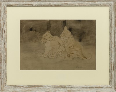 Lot 18 - LION & CUBS, A WATERCOLOUR BY WILLIAM WALLS