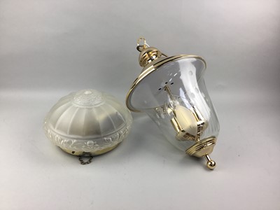 Lot 49 - A BRASS AND GLASS CEILING PENDANT, ALONG WITH ANOTHER FITTING