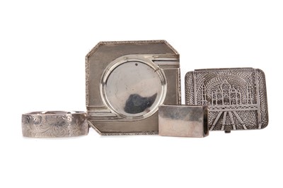 Lot 478 - A GEORGE VI SILVER ASH DISH, ALONG WITH A MATCHBOX HOLDER, BANGLE AND CARD CASE