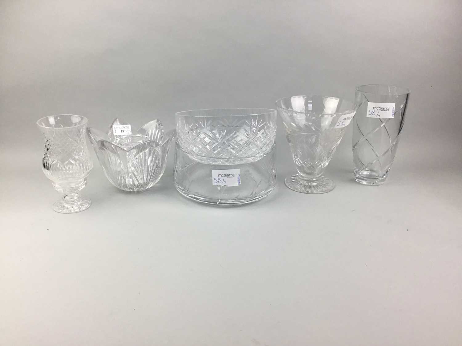 Lot 58 - A WATERFORD CRYSTAL FLOWER FORMED VASE ALONG WITH OTHER CRYSTAL WARE