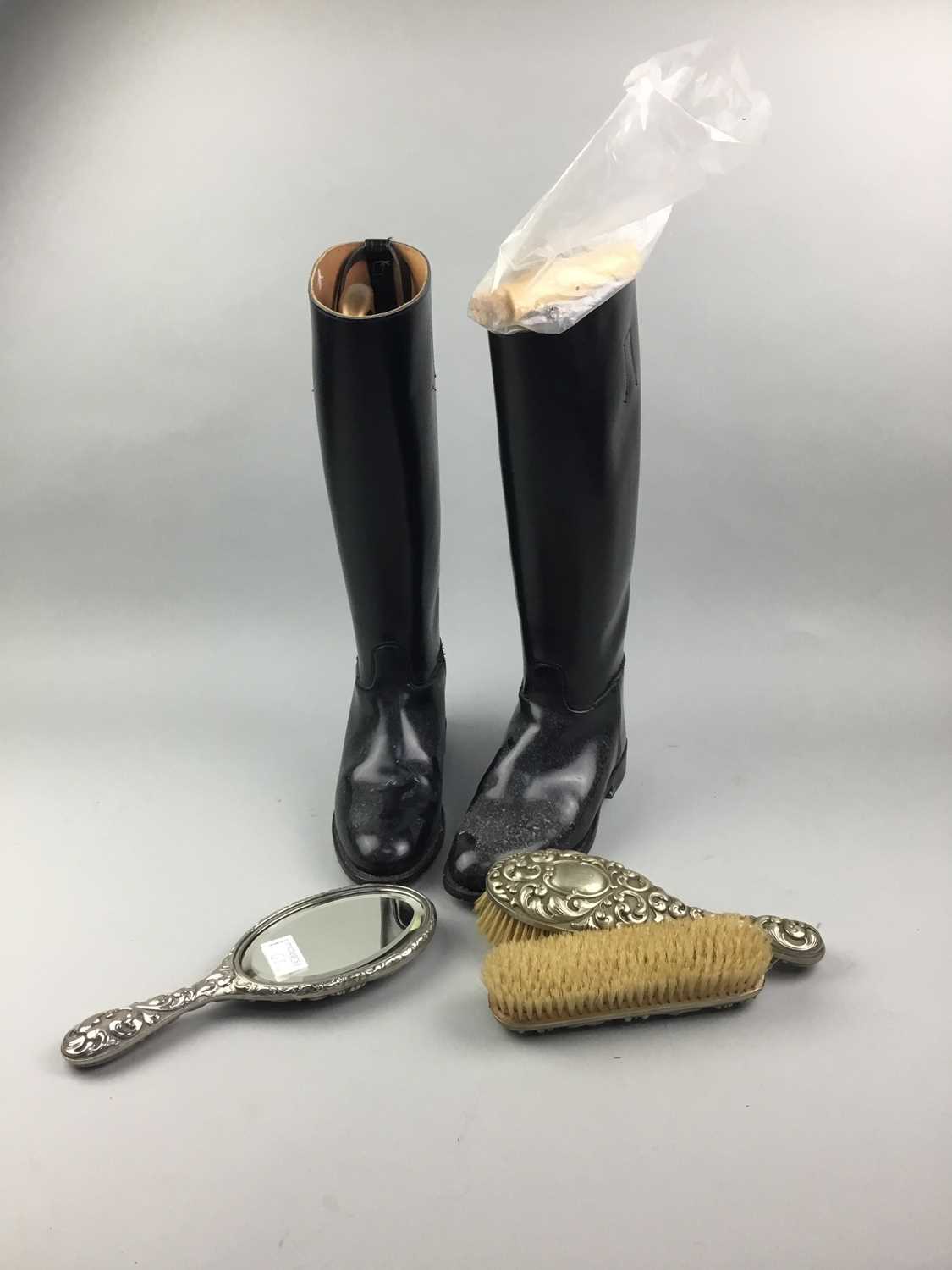 Lot 62 - A PAIR OF LADY'S REGENT RIDING BOOTS AND A WHITE METAL BACKED BRUSH SET