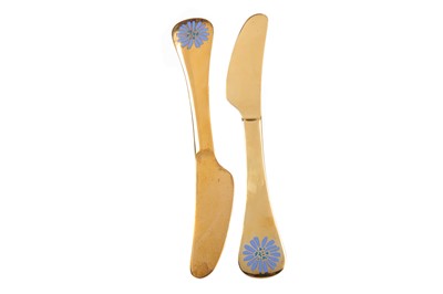 Lot 480 - TWO GEORGE JENSEN SILVER GILT AND ENAMEL YEAR KNIVES FOR 1980