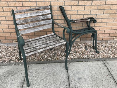 Lot 262 - A METAL AND WOOD GARDEN CHAIR AND PART OF ANOTHER CHAIR