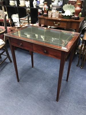 Lot 145 - A STAINED WOOD WRITING TABLE AND A COLLECTION OF LINEN