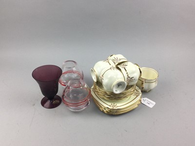 Lot 240 - A ROYAL ALBERT PART TEA SERVICE, TWO GLASS VASES AND WINE GLASSES