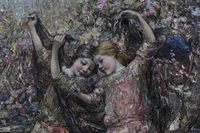 Lot 2020 - GALLOWAY MAIDS AT PLAY, AN OIL BY EDWARD ATKINSON HORNEL