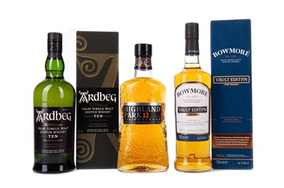 Lot 217 - HIGHLAND PARK 12 YEARS OLD, BOWMORE VAULT EDITION NO. 1, AND ARDBEG 10 YEARS OLD