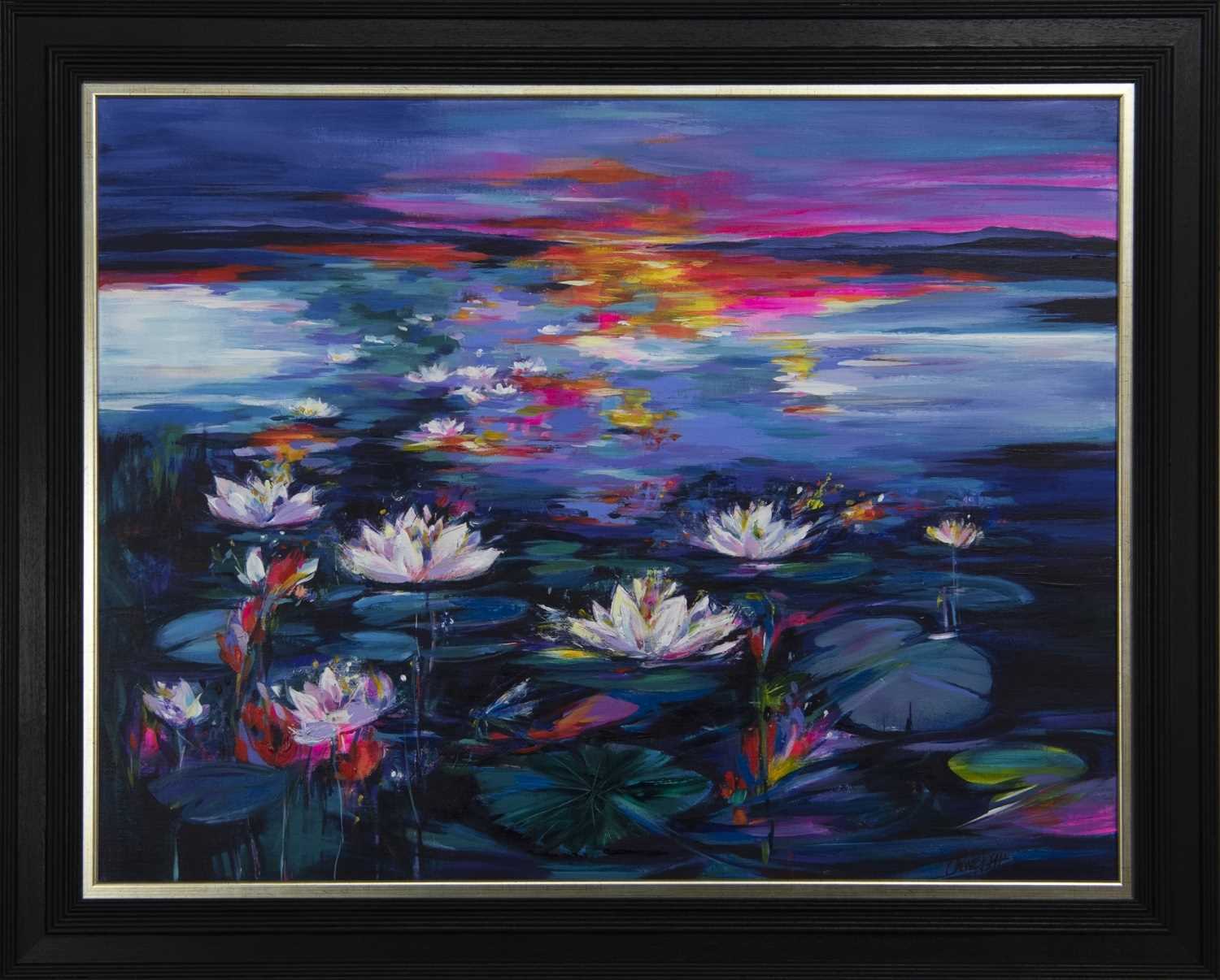 Lot 636 - WATERLILIES NEAR LOCHINVER, AN ACRYLIC BY SHELAGH CAMPBELL