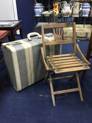 Lot 396 - A VINTAGE FOLDING FISHING CHAIR AND SUITCASE