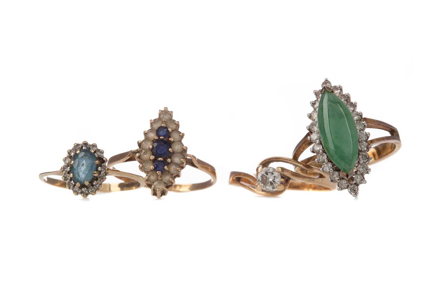Lot 527 - DIAMOND SOLITAIRE RING, JADE AND DIAMOND RING AND TWO GEM SET RINGS