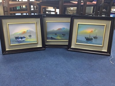 Lot 455 - A SET OF THREE OILS DEPICTING BOATS, ALONG WITH ONE OTHER