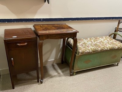 Lot 448 - AN OAK BEDSIDE CUPBOARD, WALNUT OCCASIONAL TABLE, OTTOMAN AND A OPEN SHELF UNIT