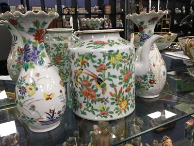 Lot 430 - A CHINESE CANTON FAMILLE ROSE TEA POT AND A PAIR OF VASES