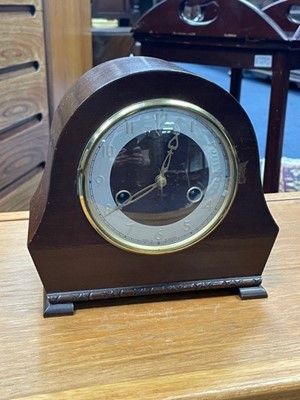 Lot 496 - AN ART DECO MAHOGANY MANTEL CLOCK ALONG WITH TWO BEDSIDE TIME PIECES