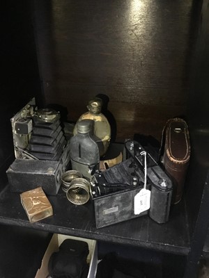 Lot 485 - A LOT OF TWO VINTAGE FOLDING CAMERAS, TWO HIP FLASKS, TWO NAPKIN RINGS AND A VESTA BOX