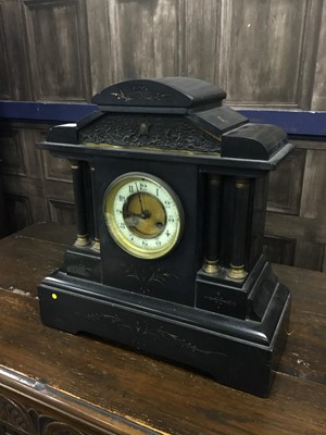 Lot 322 - A VICTORIAN BLACK SLATE MANTEL CLOCK AND ANOTHER