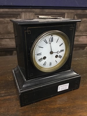 Lot 322 - A VICTORIAN BLACK SLATE MANTEL CLOCK AND ANOTHER