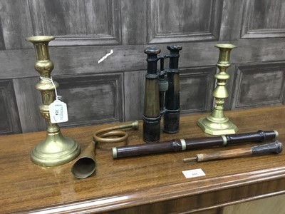 Lot 324 - A PAIR OF BINOCULARS, TWO BRASS CANDLESTICKS, FLUTE AND OTHER OBJECTS