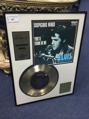 Lot 507 - AN ELVIS SUSPICIOUS MINDS 24KT GOLD PLATED RECORD DISPLAY