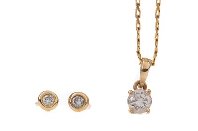 Lot 1336 - A PAIR OF DIAMOND EARRINGS AND A PENDANT