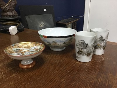 Lot 515 - A JAPANESE SATSUMA PEDESTAL DISH, CHINESE BOWL AND TWO TUMBLERS