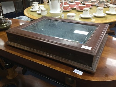 Lot 556 - A TURNED WOOD AND BRASS LACQUERED TABLE LAMP WITH SHADE ALONG WITH A COUNTERTOP DISPLAY CASE