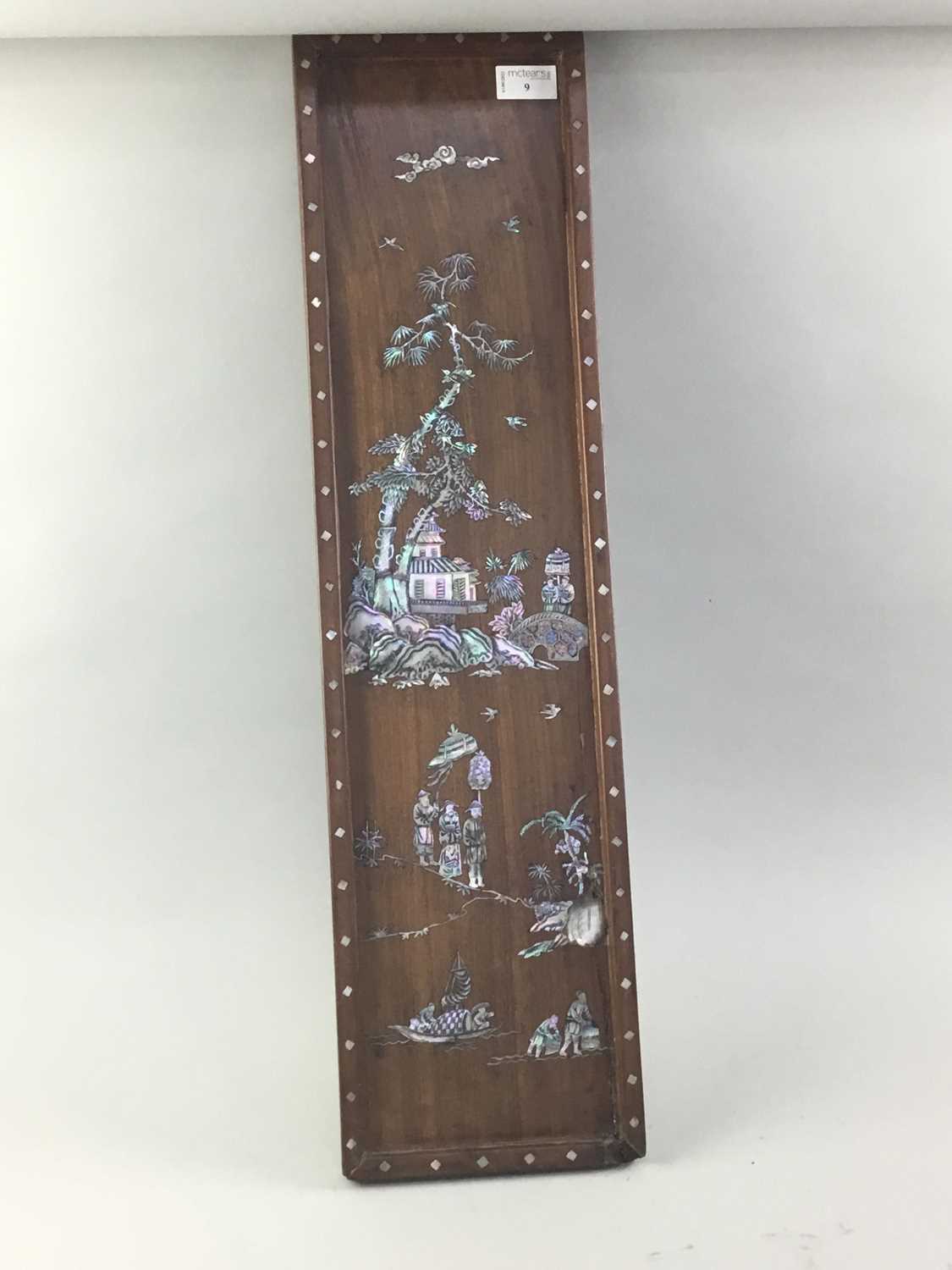 Lot 9 - A CHINESE MOTHER OF PEARL INLAID PANEL