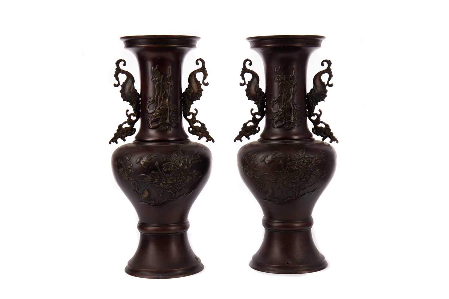 Lot 1805 - A PAIR OF 20TH CENTURY CHINESE BRONZE VASES