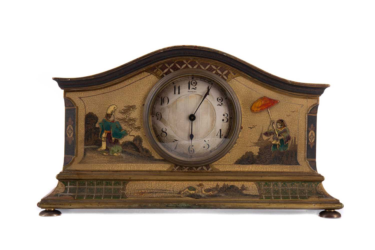 Lot 1112 - AN EARLY 20TH CENTURY CHINOISERIE MANTEL CLOCK RETAILED BY ASPREY